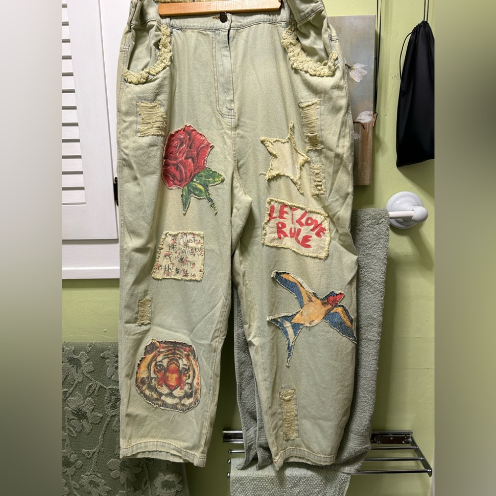 Rare bird Embroidered Patchwork jeans  with Rose and Star
